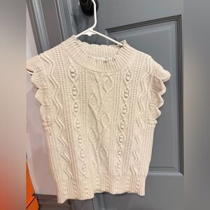 Sandro Cream Cable-Knit Ruffle Sleeve Crew Sweater